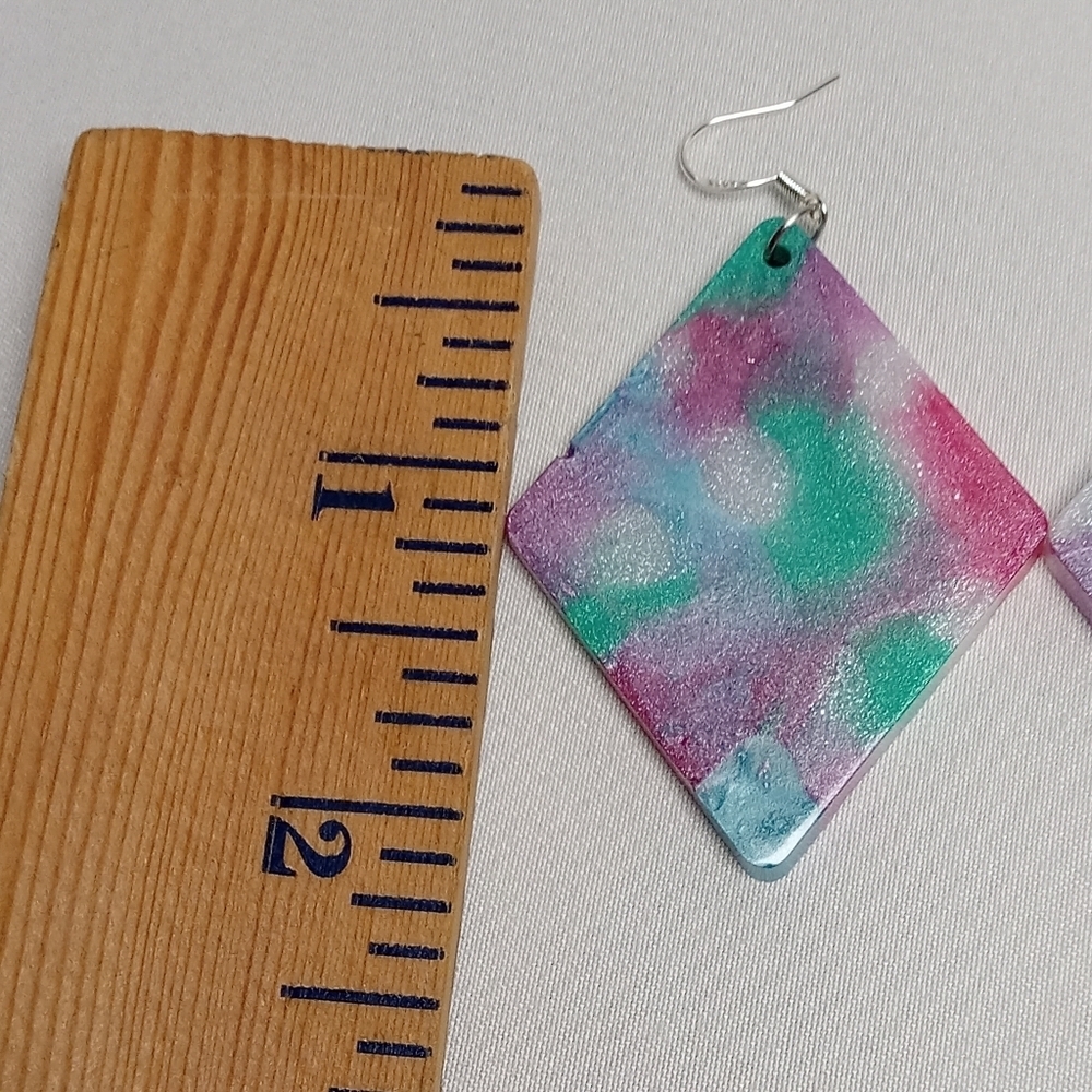 Hand Crafted Pink and Green Earrings with Watercolor Design - Picture 3 of 5
